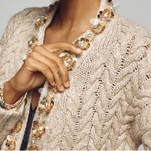 Anthropologie Maeve Cream Cable Knit Cardigan with Sparkling Closure